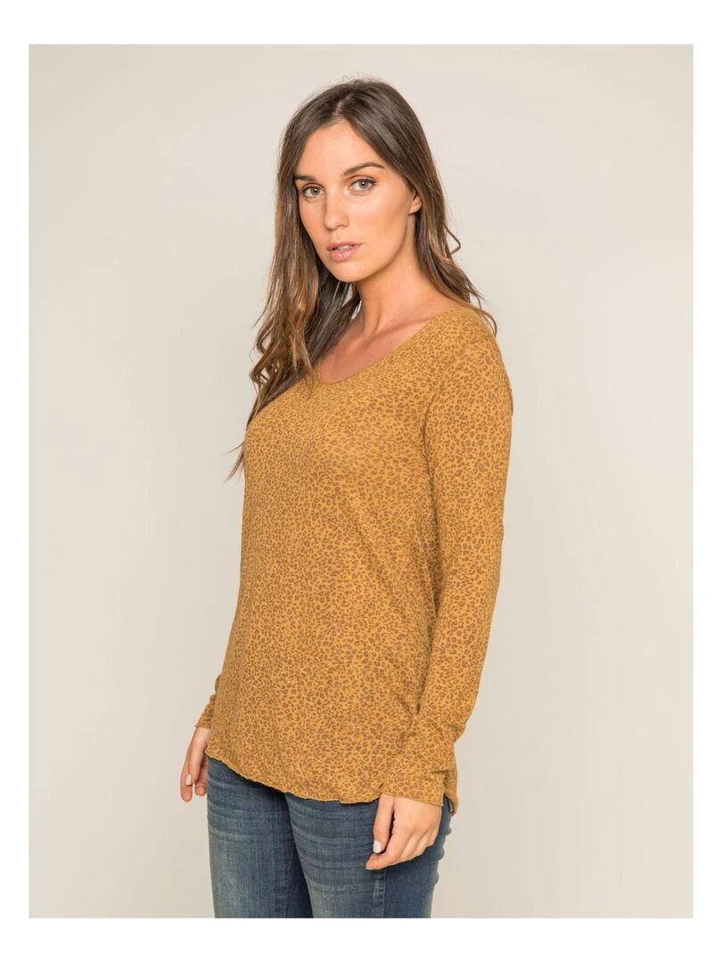 Pull fin col rond motifs KIMBA Moutarde