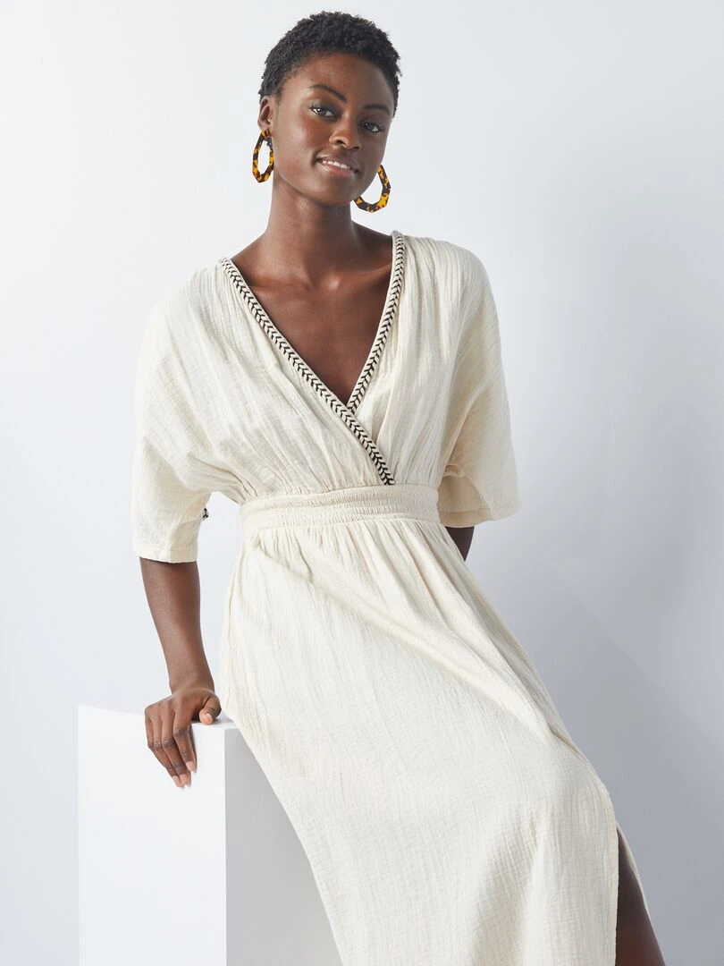 Robe longue en gaze de coton tressée Beige