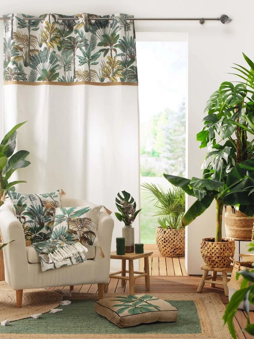 Rideau imprimé feuillage avec toile de jute   Blanc