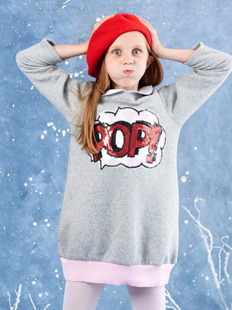 Robe Sweat Shirt Fille Molleton Gris Souris Sequins Rose Rouge POP 'LA FAUTE A VOLTAIRE' Gris clair