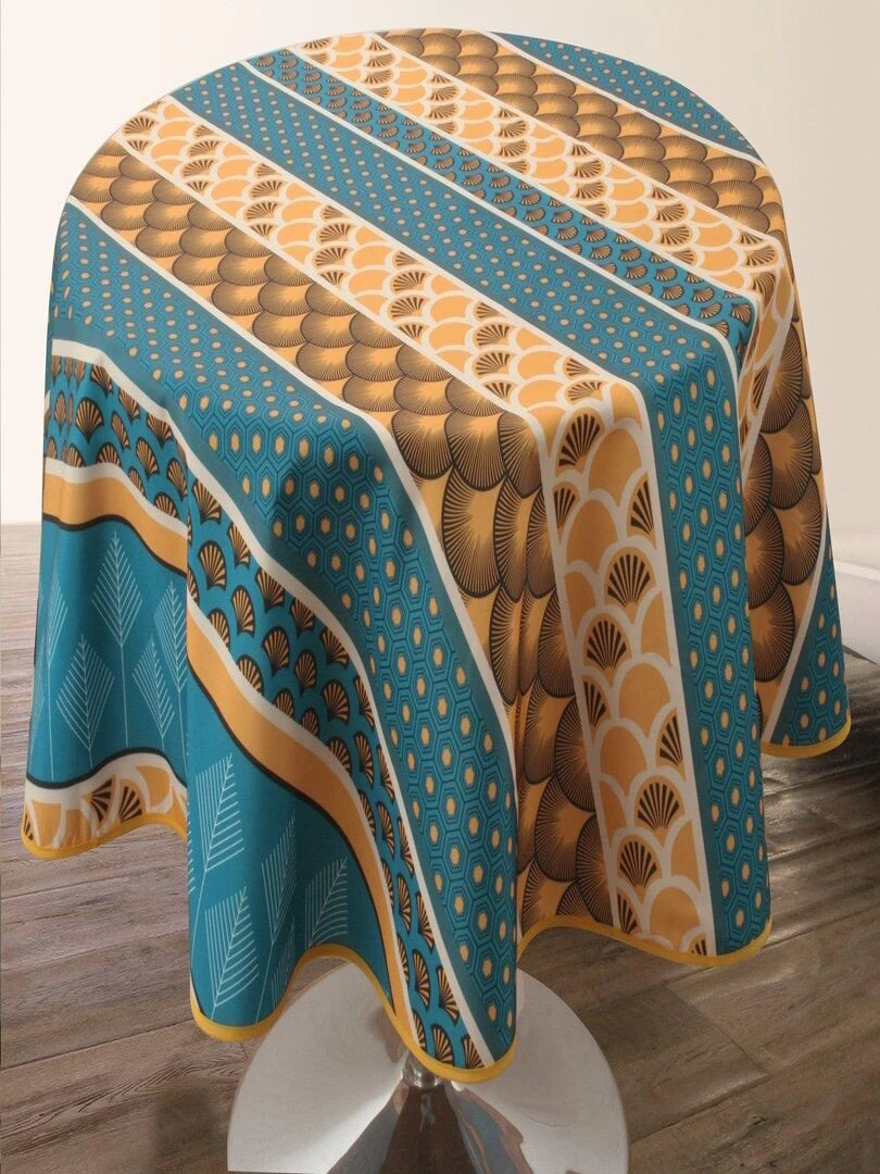 Nappe Anti taches Plume doré Ronde 160 cm Bleu Jaune Noir