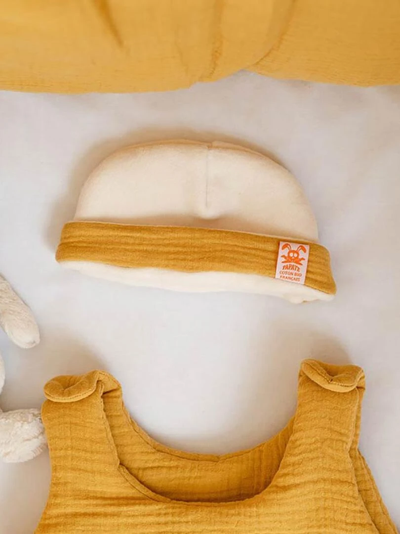 Bonnet de Naissance en Coton Bio Blanc et Honey   Beige