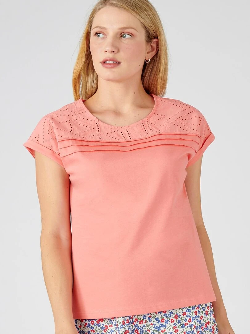 Tee shirt détails broderie anglaise Damart Rose