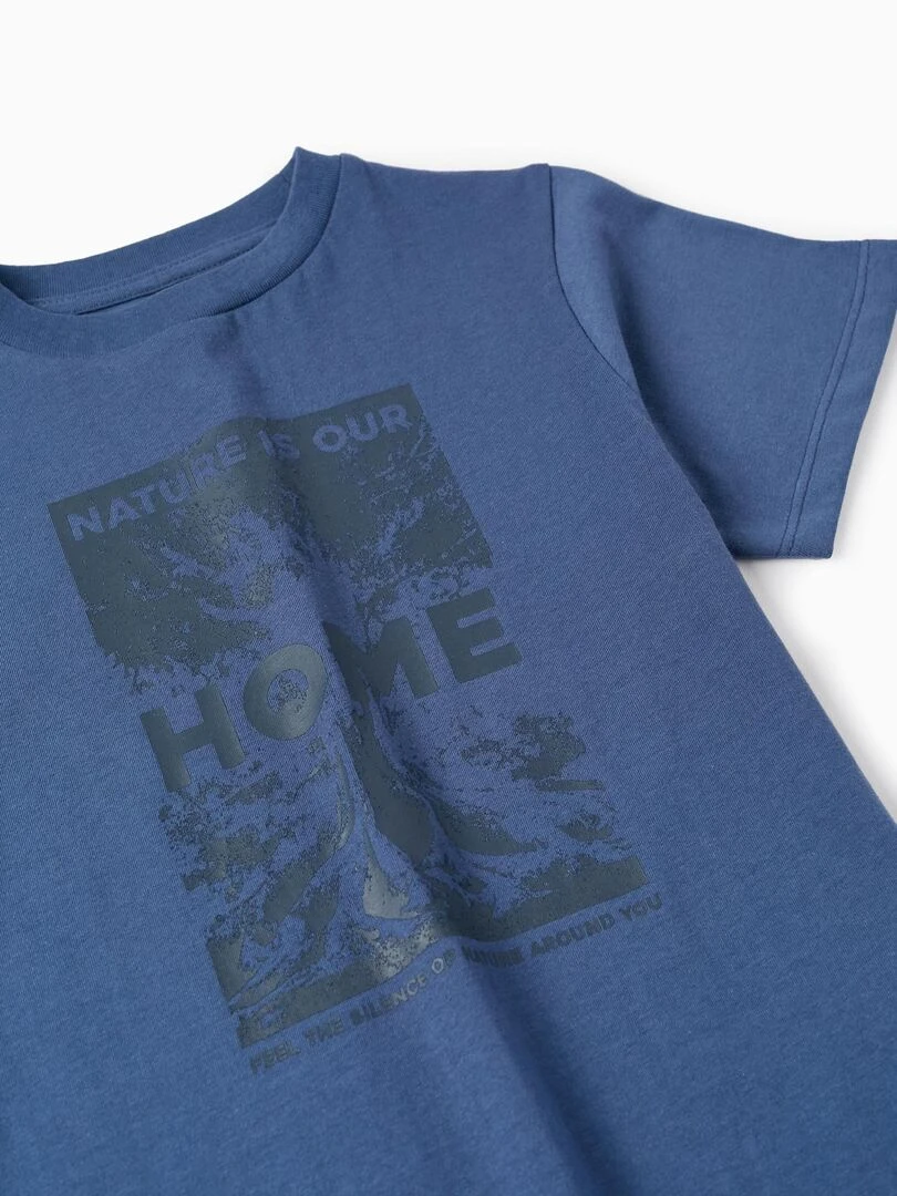 T shirt en coton pour garçon 'Nature is our Home' manches courtes   Bleu foncé