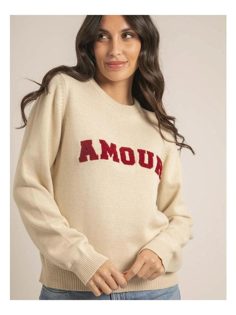 Pull col rond pur coton message KOURI   Beige