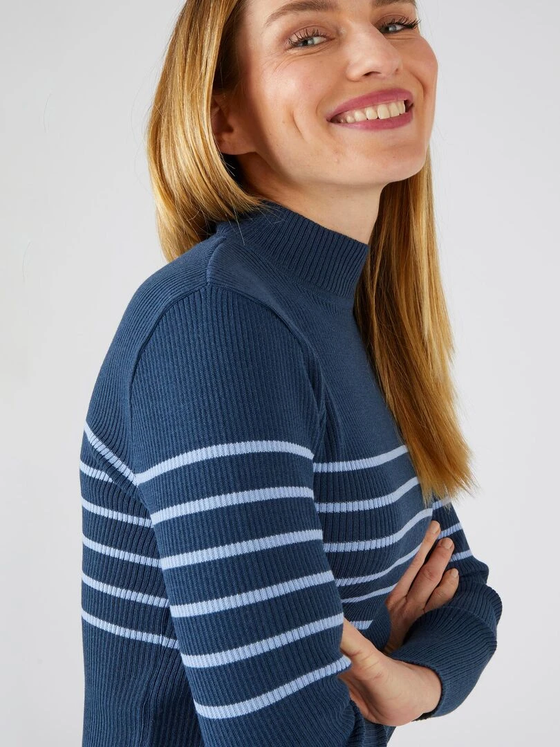 Pull col montant 50% laine mérinos uni et rayé Damart Bleu