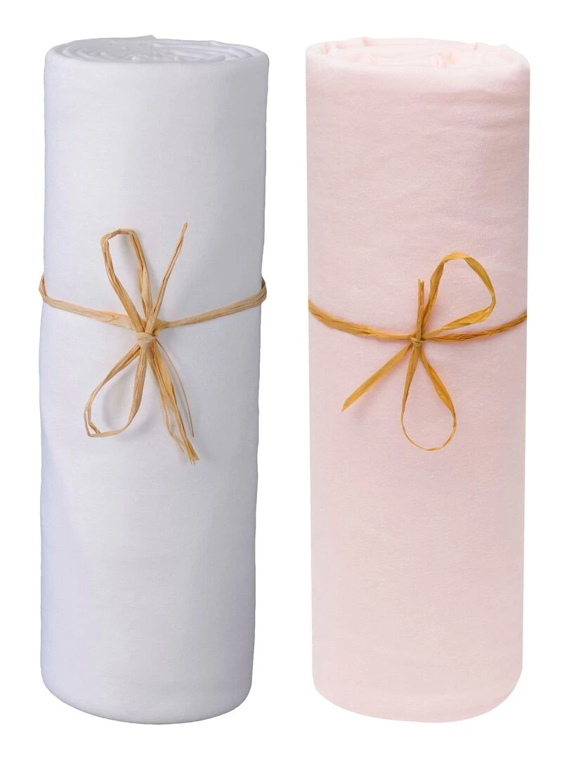 Lot x2 Draps housse bébé 100% jersey Bio peigné 'P'tit Basile' Blanc Rose