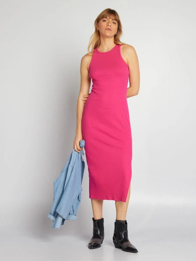 Robe longue en maille côtelée Rose