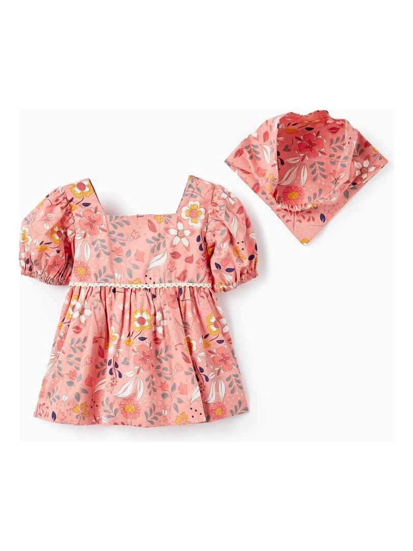 Foulard pour Cheveux + Blouse en Coton pour Bébé Fille 'Floral' manches courtes Orange clair