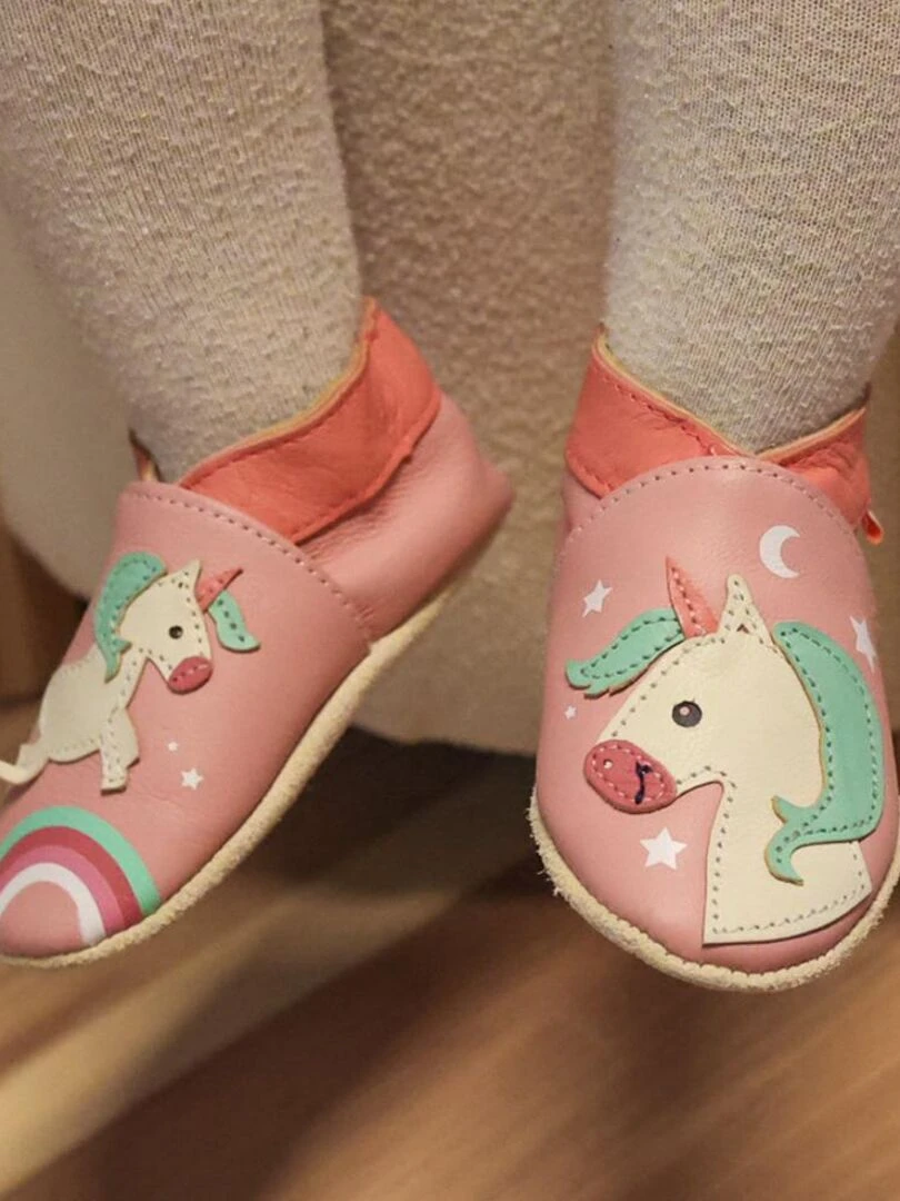 Chaussons bébé cuir souple Laura la licorne   Rose