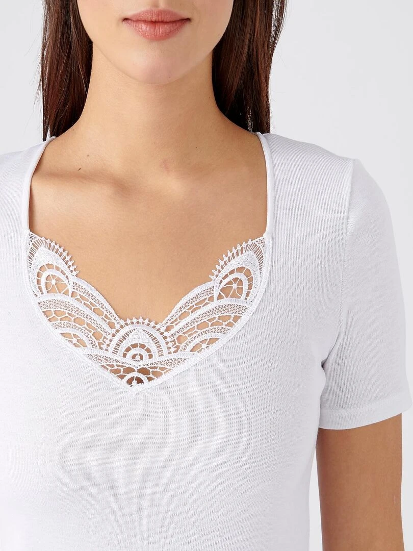 T shirt manches courtes fine côte guipure Thermolactyl Damart Blanc