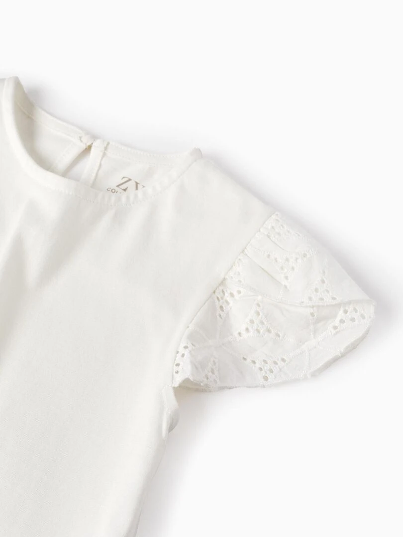 T Shirt En Coton Avec Broderie Anglaise Pour Bébé Fille manches courtes ATLANTIC COMPANY   Beige clair