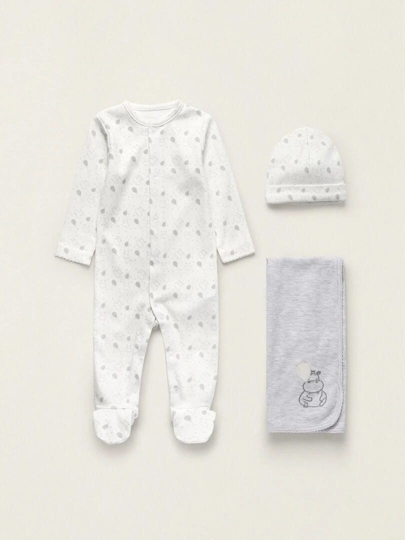 Ensemble de 3 pièces en coton pour nouveau né 'Hippopotame' EARLY BLOOM Blanc