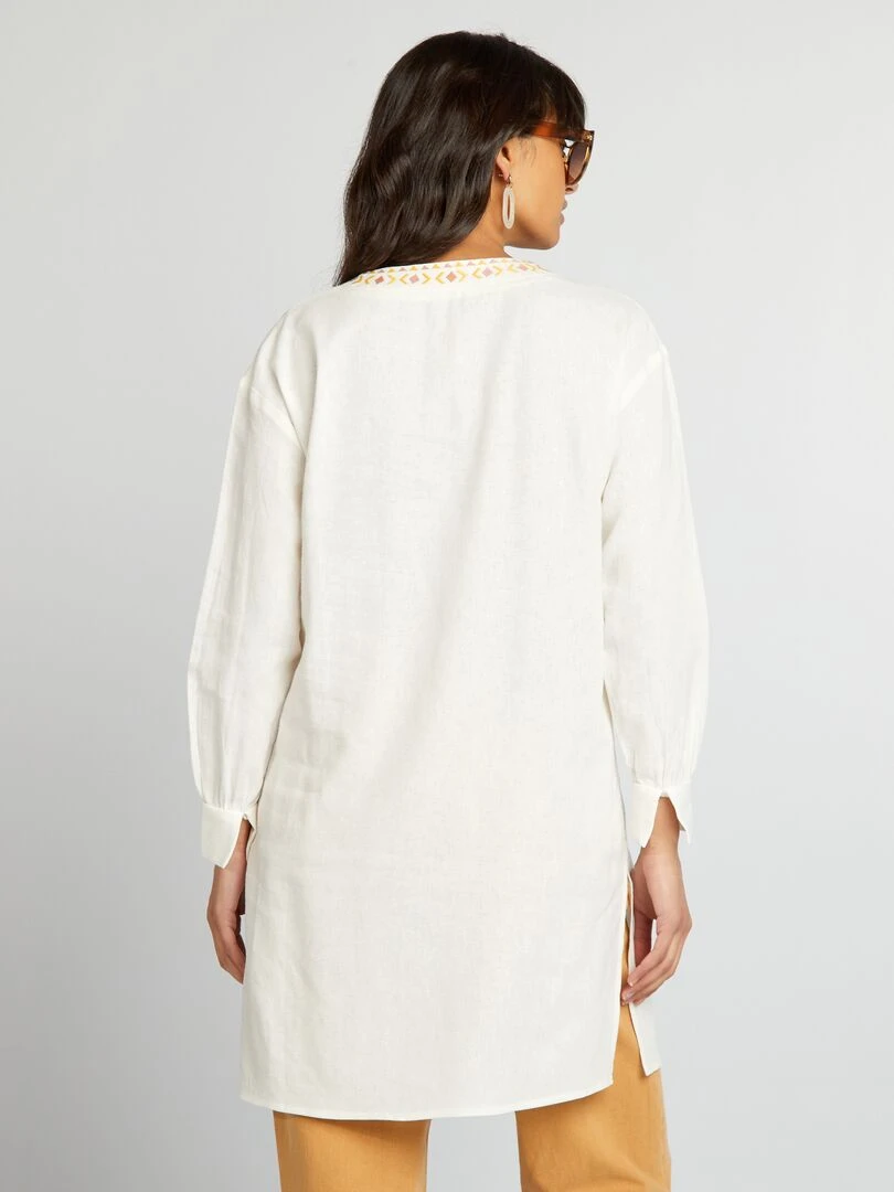 Blouse longue en lin avec col tunisien   Blanc