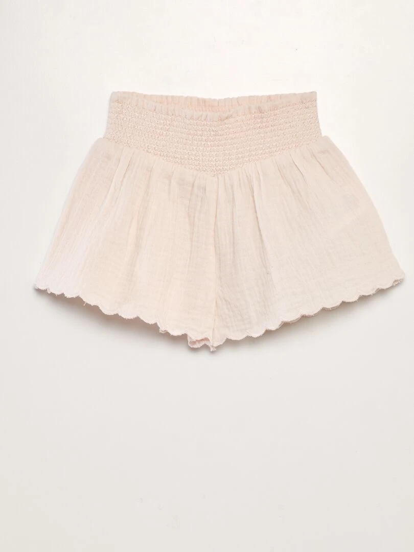 Short en gaze de coton avec taille smockée Rose