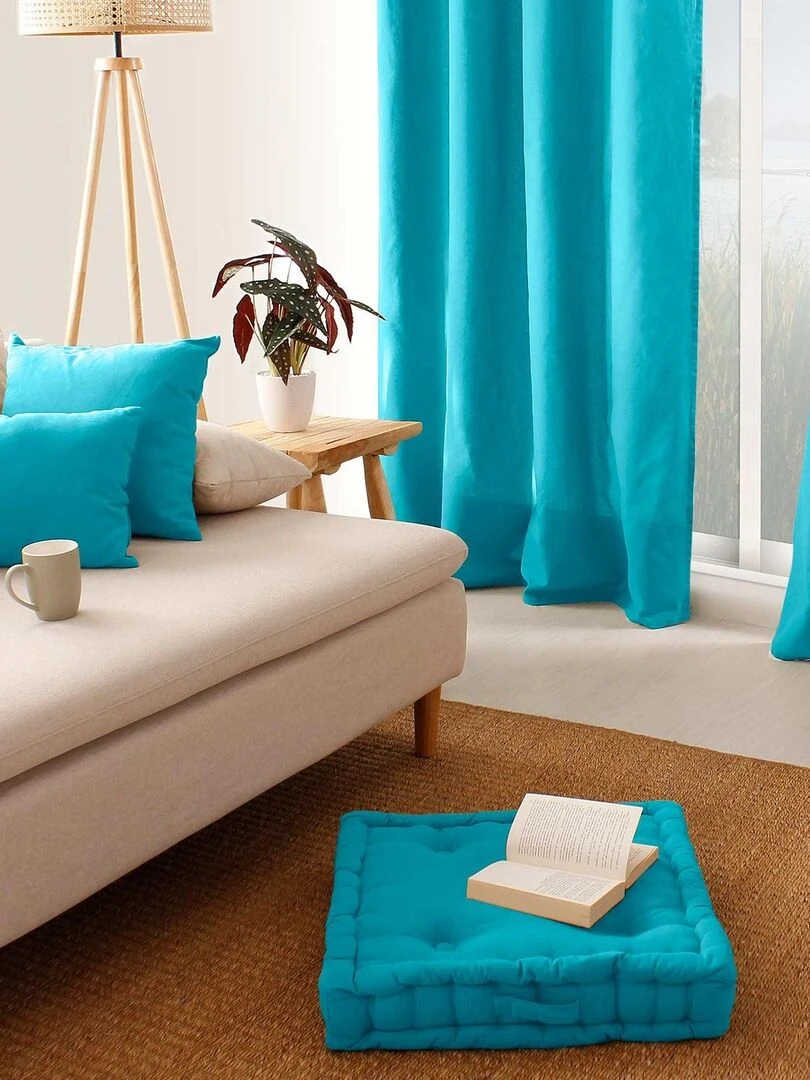 Coussin de sol uni en pur coton   Bleu turquoise