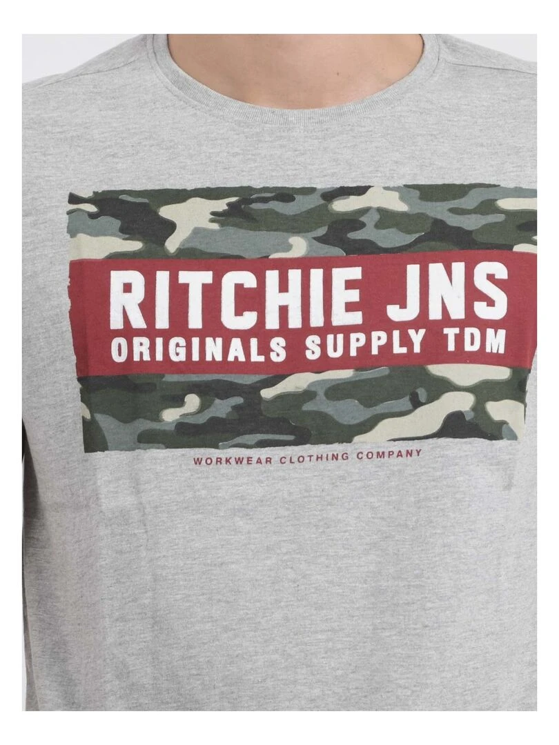 T shirt col rond pur coton JARDIN   Gris chiné