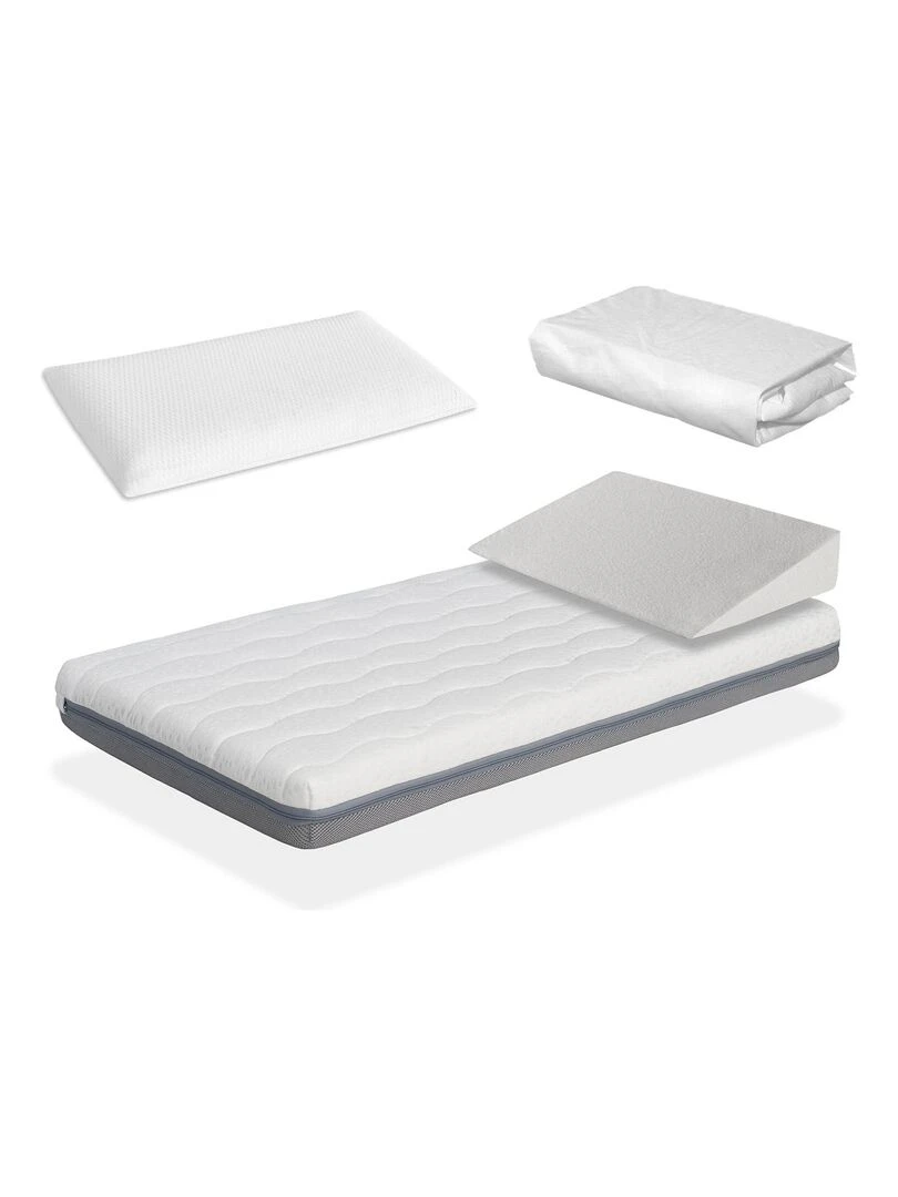 Pack matelas bebe BABY BORN H11cm + plan incliné 15º + oreiller + protège matelas Blanc Gris