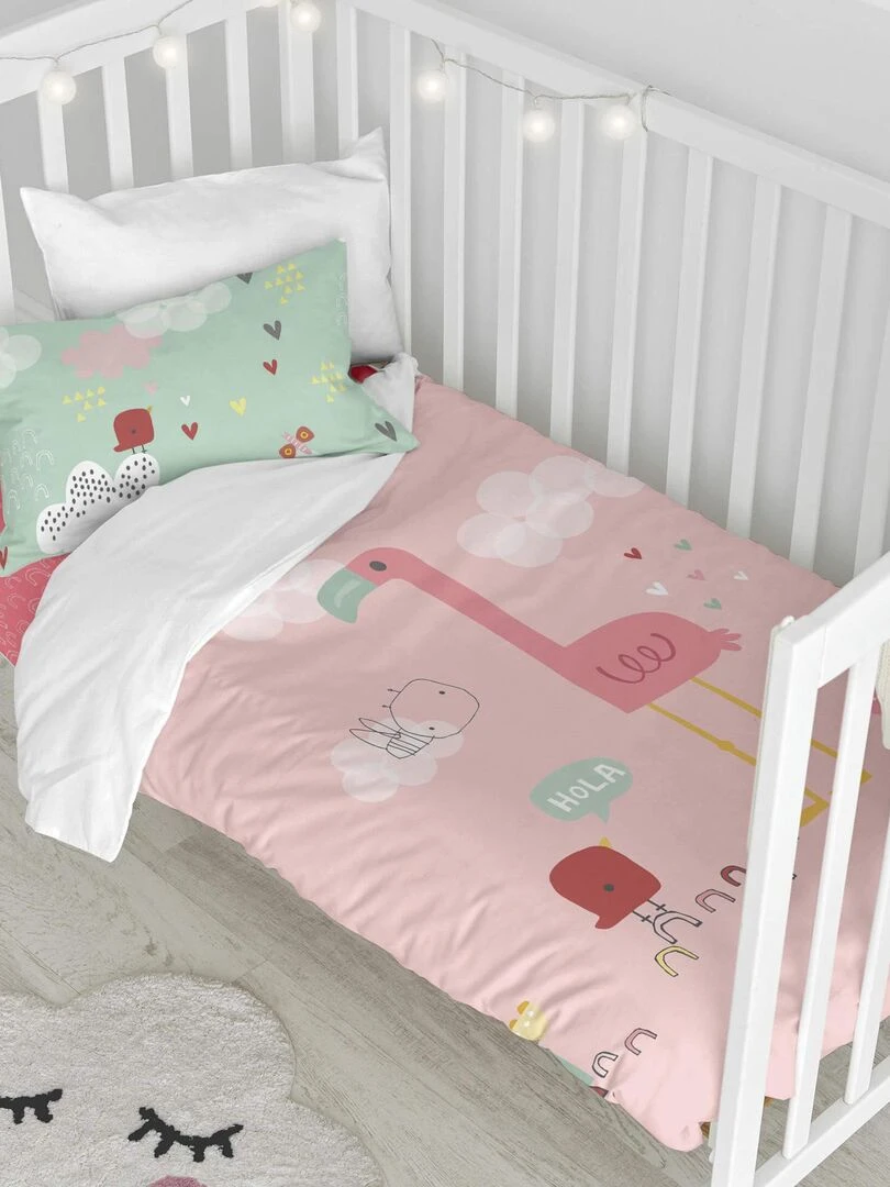 Parure housse de couette 2 pièces Hola Lit Bébé "Happyfriday" Rose