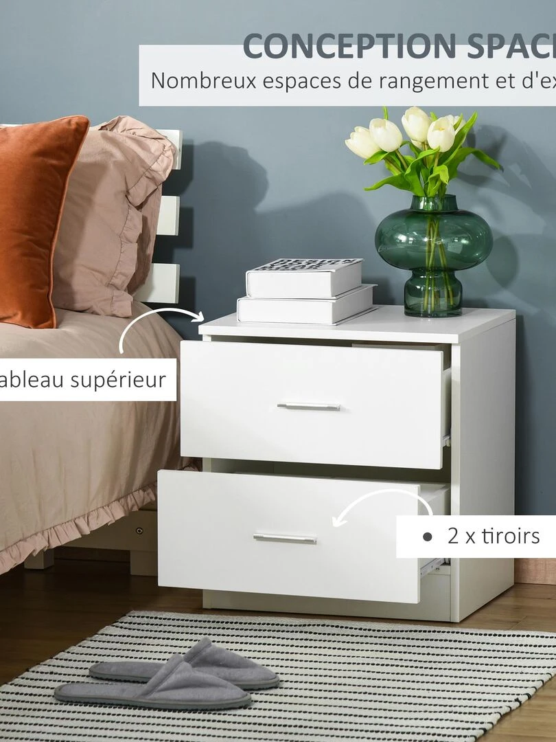 Chevet style contemporain 2 tiroirs poignées alu blanc   Blanc