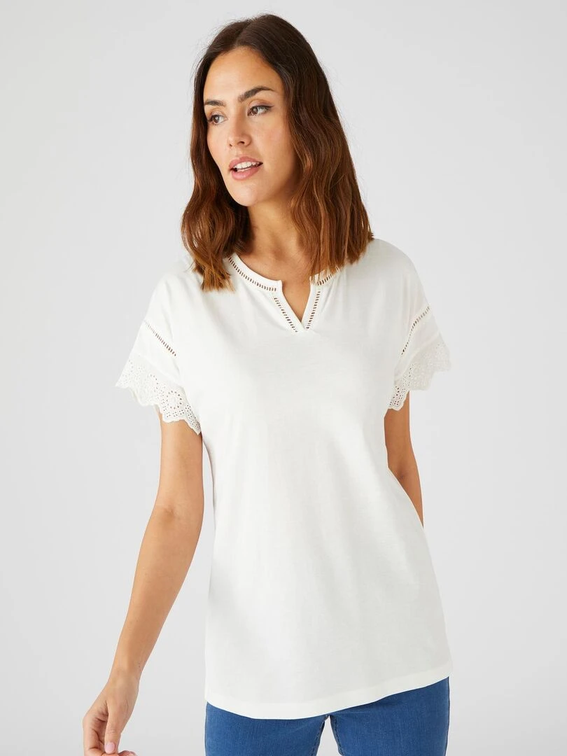 T shirt broderies anglaises pur coton   Damart   Blanc cassé