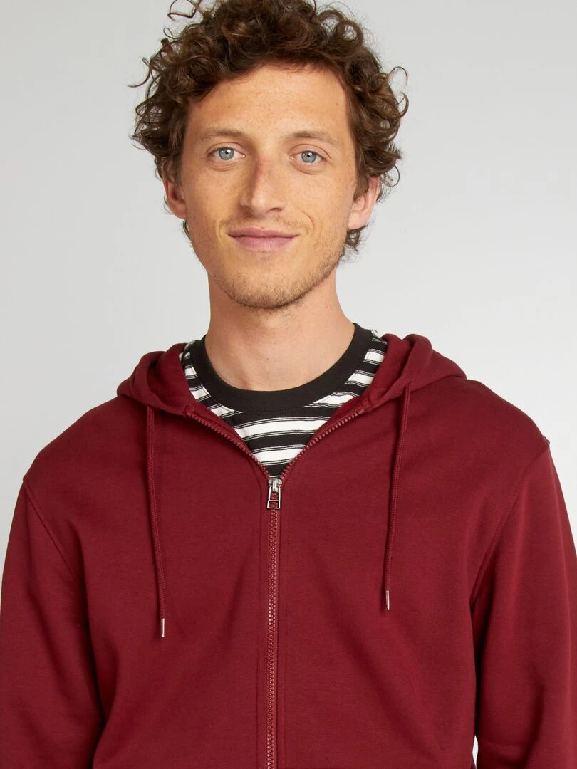Sweat zippé à capuche en molleton uni   Bordeaux