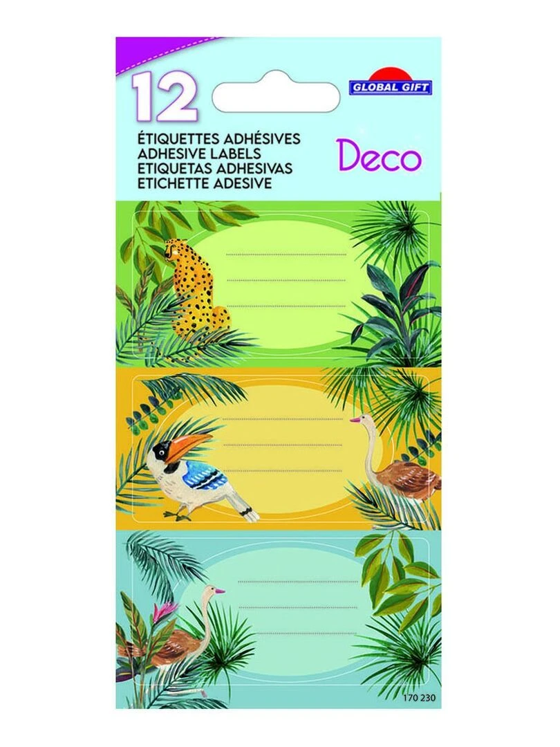 12 étiquettes adhésives scolaires Rectangle Jungle tropicale N/A