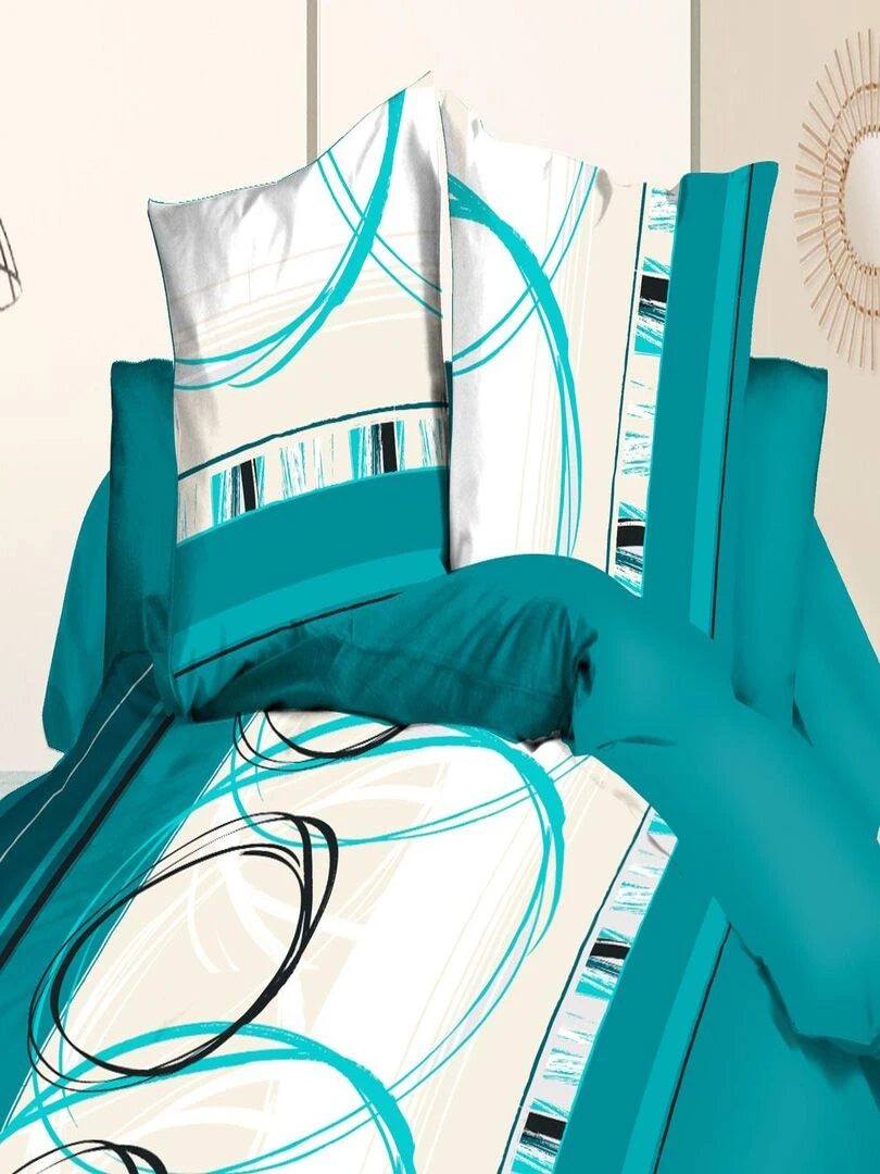 Housse de couette 240x260 + 2 taies Microfibre   Entretien Facile   Roue libre turquoise   Bleu turquoise