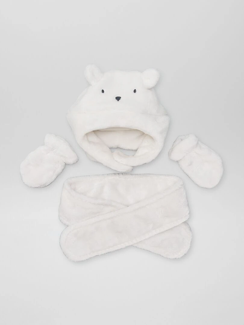Ensemble bonnet + écharpe + moufles Blanc