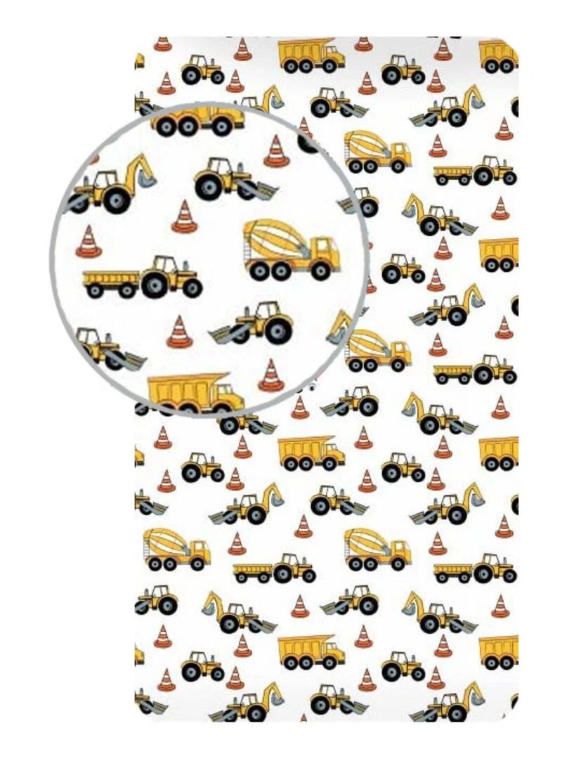 Drap Housse Enfant Coton Tracteur Pelleteuse Blanc