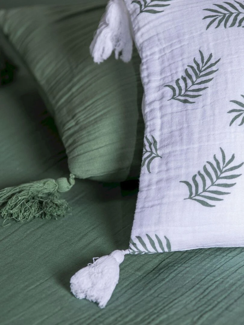 Coussin en double gaze de coton avec imprimé feuillage 'Deko&co'   Blanc Vert