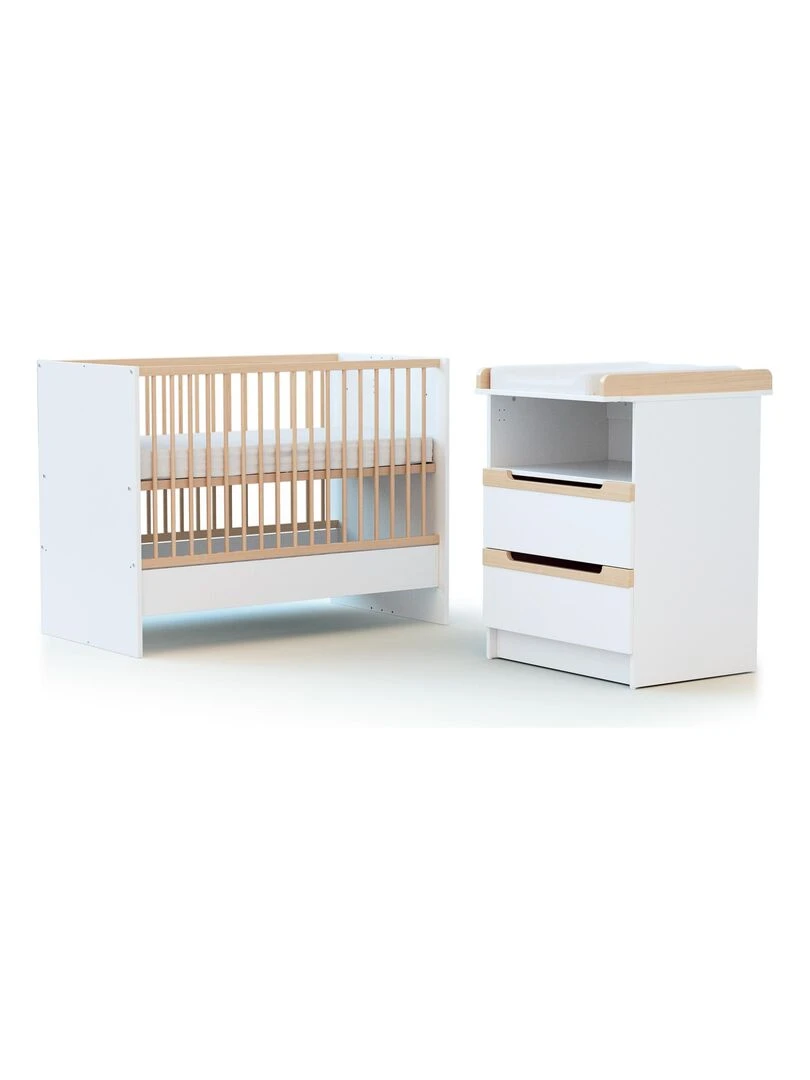AT4 Combiné lit bébé évolutif Carrousel en bois Blanc et Hêtre 60 x 120 cm Marron clair
