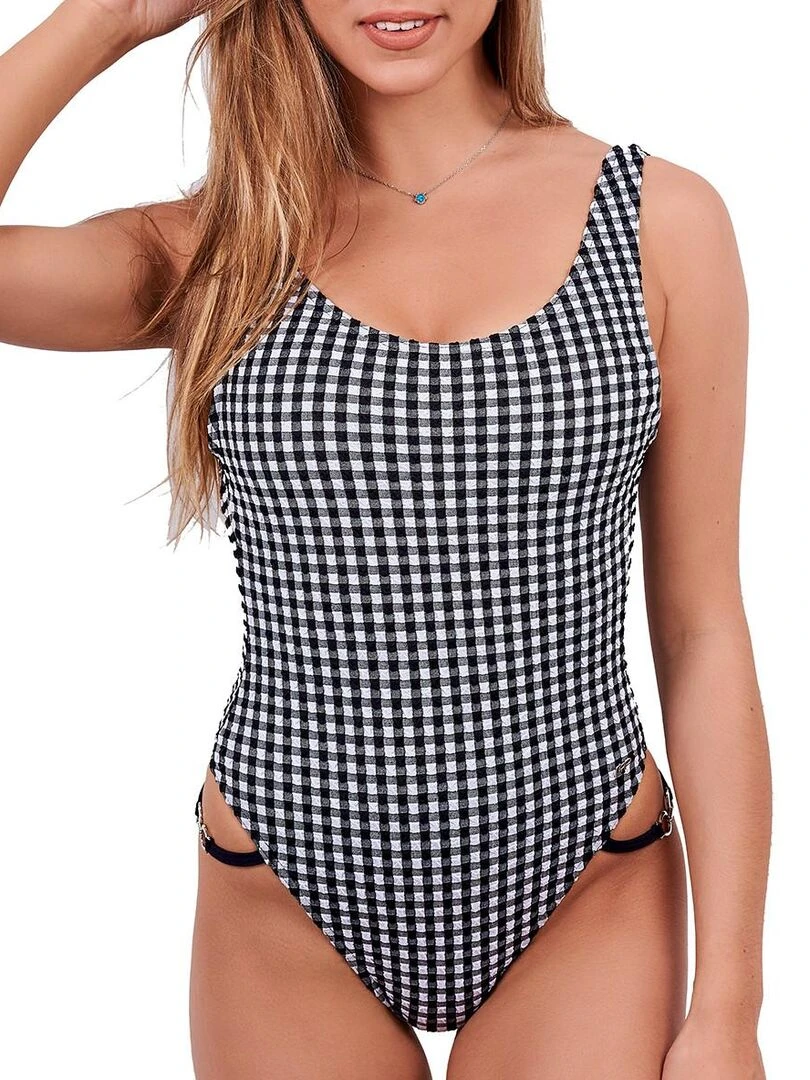 Maillot de bain 1 pièce tanga à carreaux Bijou noble Noir
