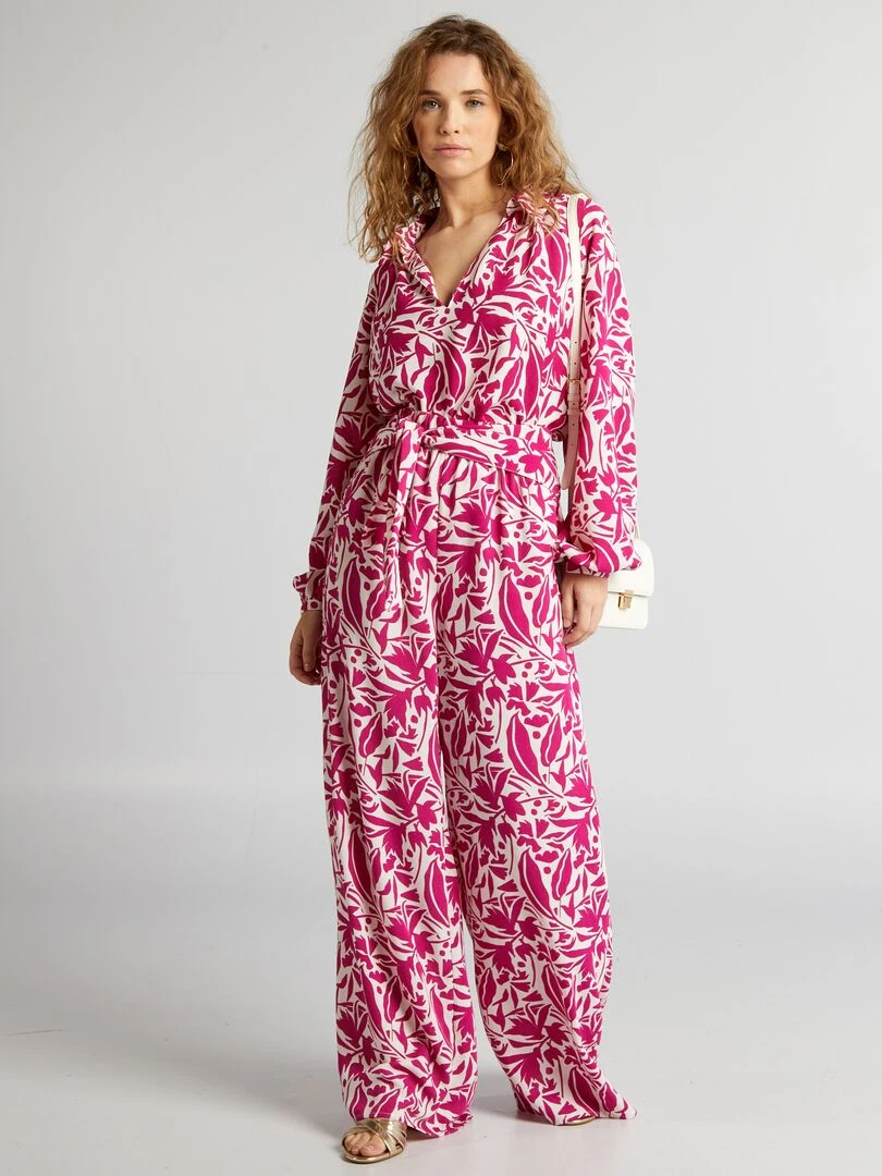 Pantalon large avec imprimé fleuri Rose