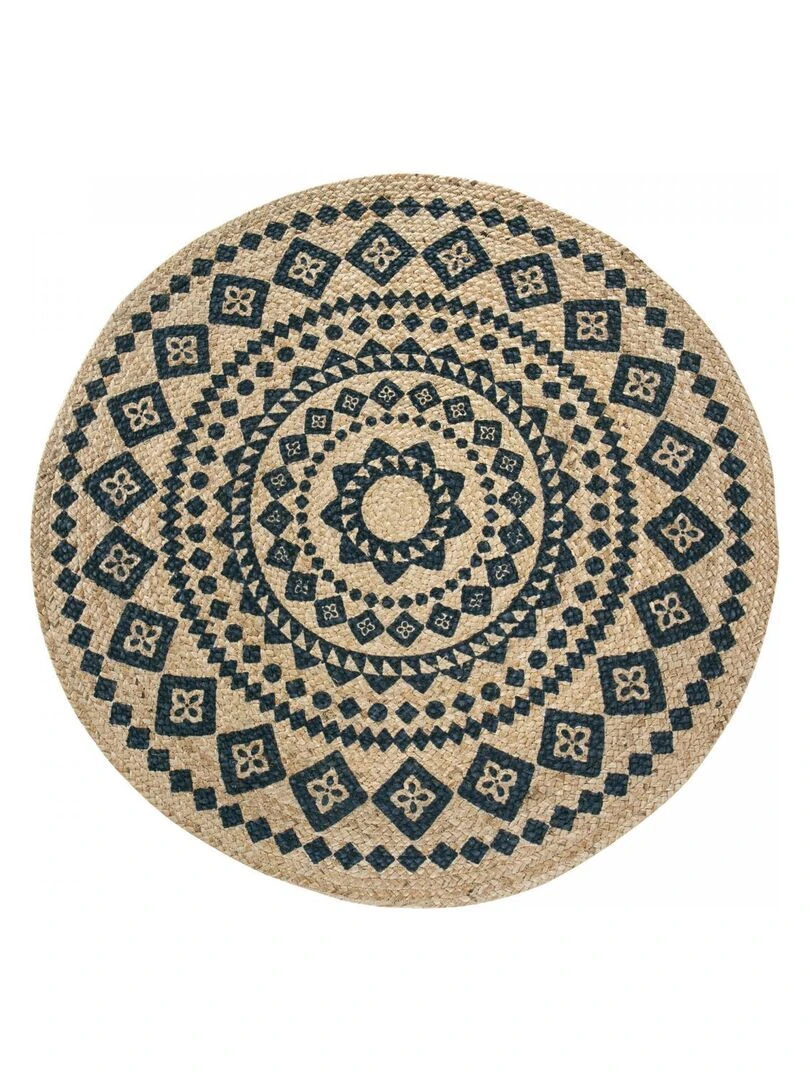 Tapis rond Ø 120cm JUTEBLURON Bleu fait main en jute Certification care and Fair idéal pour le salon Bleu
