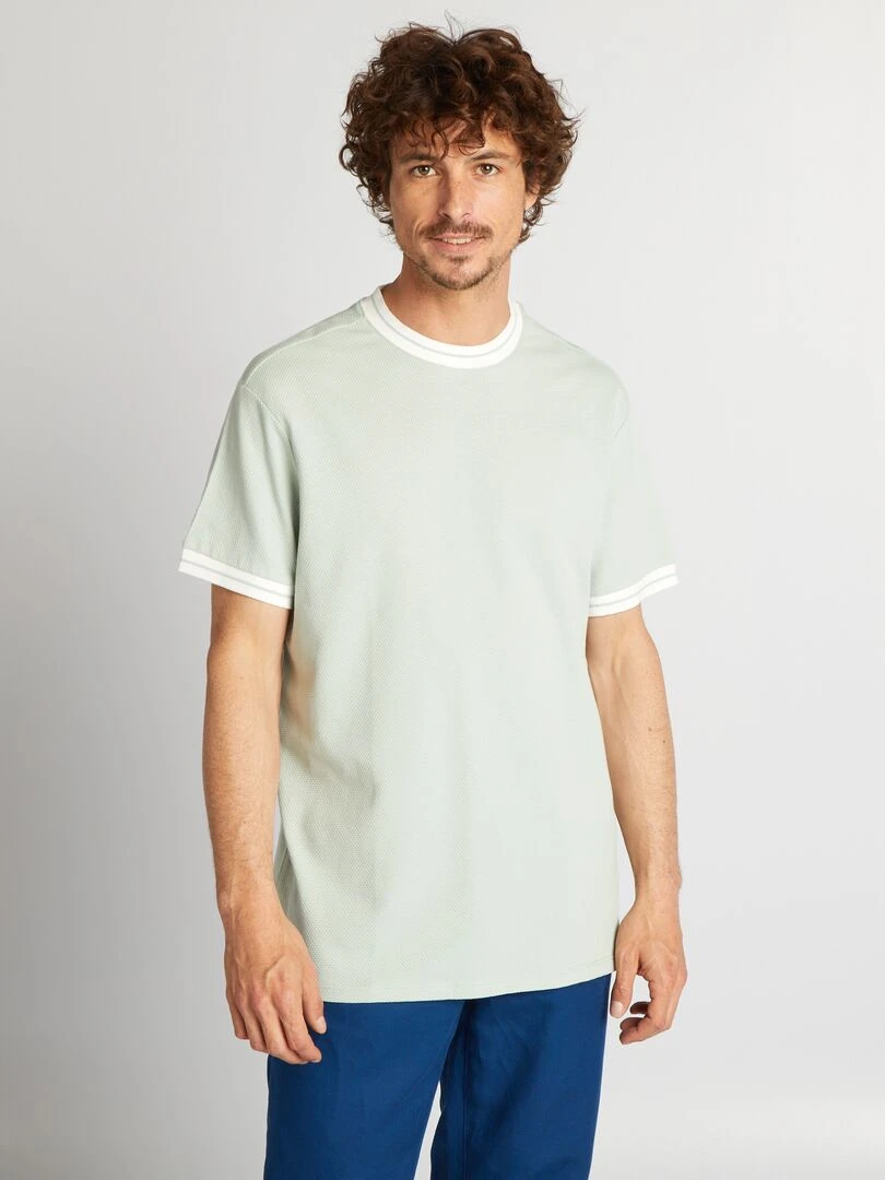 T shirt texturé à liserés contrastants Bleu clair