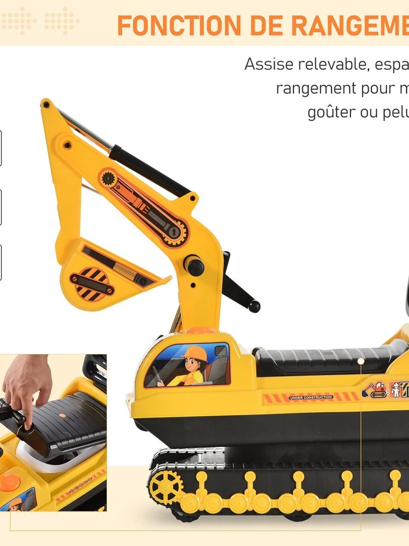 Porteur enfant tractopelle 12 36 mois coffre klaxon fonction pivotante jaune   Jaune