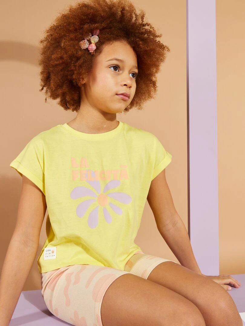 T shirt en jersey avec revers de manches Jaune