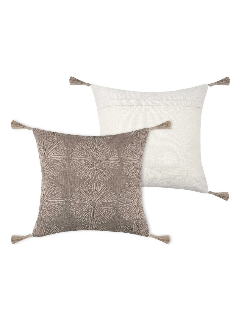 Coussin brodé de fleurs en jute Marron foncé