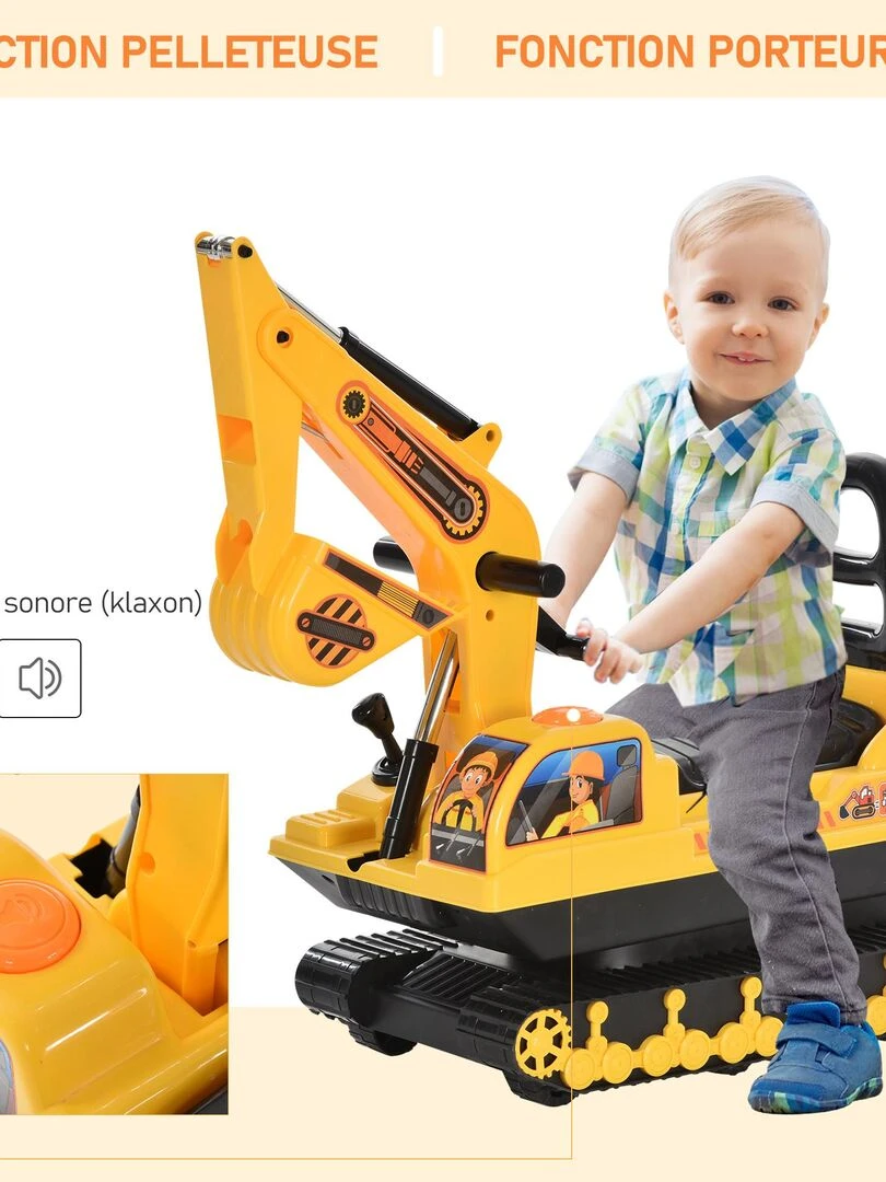 Porteur enfant tractopelle 12 36 mois coffre klaxon fonction pivotante jaune   Jaune