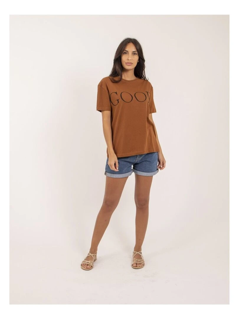 T shirt col rond coton message FROM   Marron