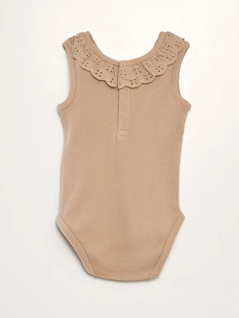 Body côtelé à col brodé Beige