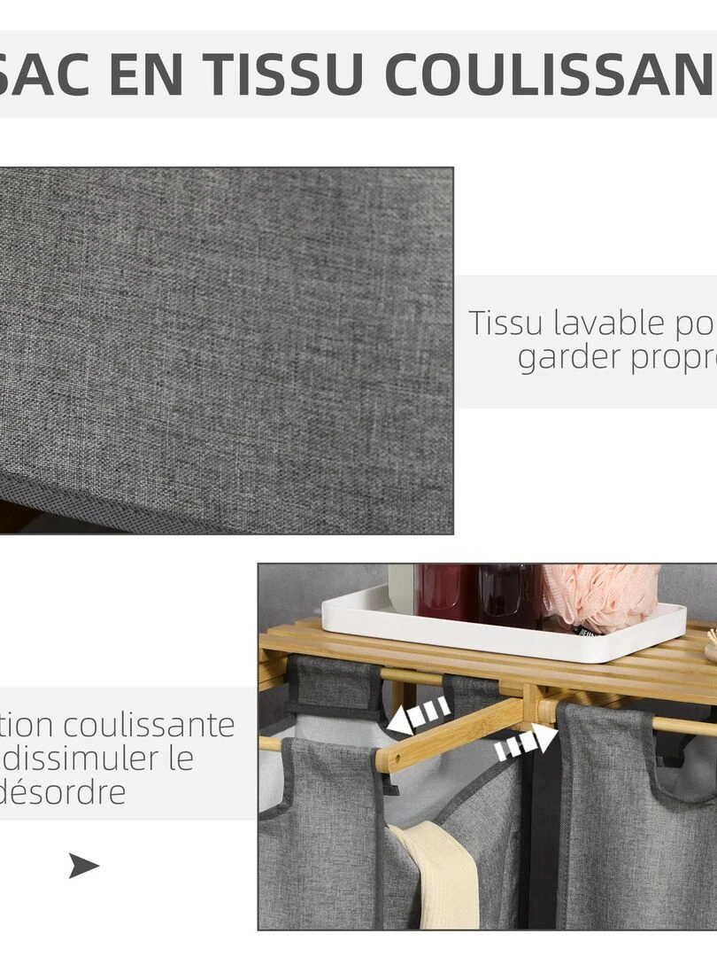 Panier à linge en bambou 2 paniers amovibles gris   Gris
