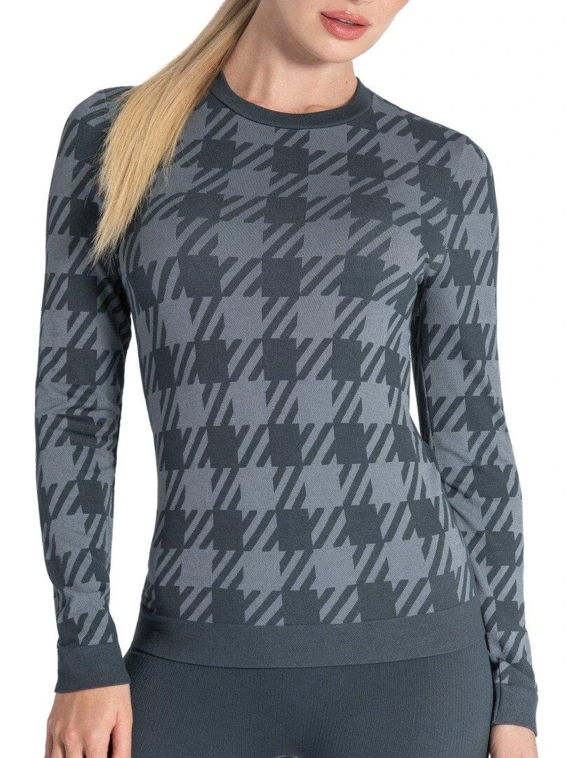 T shirt manches longues Athleisure imprimé pied de poule   Gris