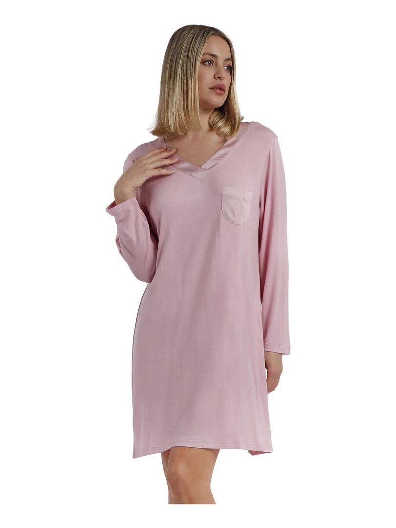 Chemise de nuit manches longues Satin Bands Rose