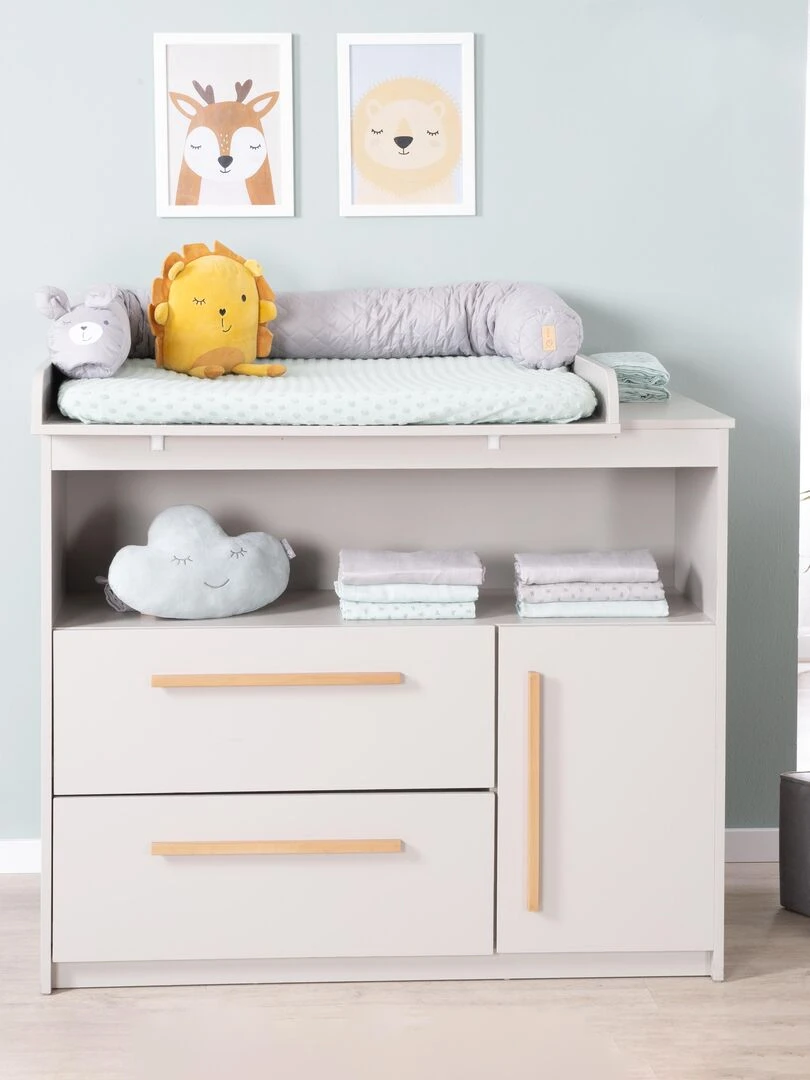 Commode à Langer Lea Plan Amovible Poignées en Bois Massif Gris Clair Gris