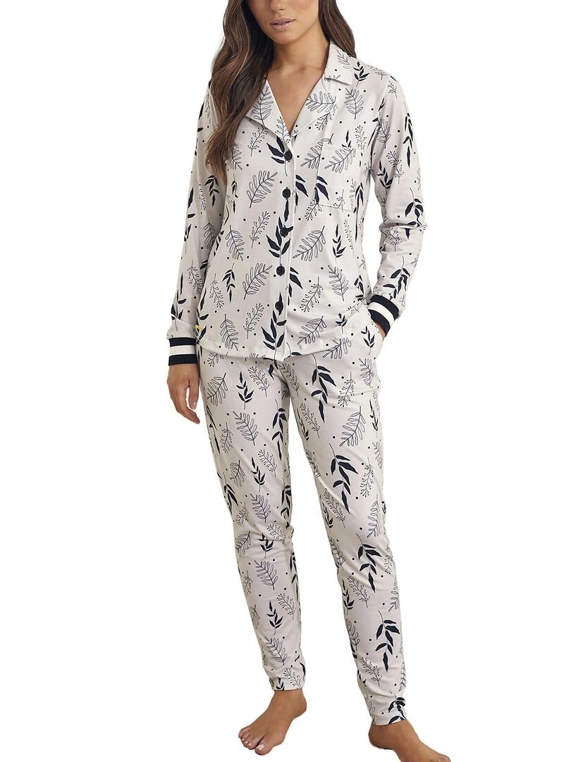 Pyjama tenue pantalon chemise manches longues Botanic Ecru