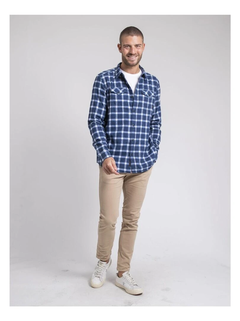 Chemise manches longues carreaux pur coton flanelle TOLFOX   Bleu marine