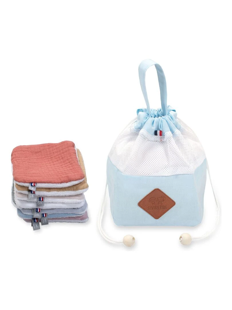 Pochon distributeur et ses 8 lingettes lavables Jeanne Bleu