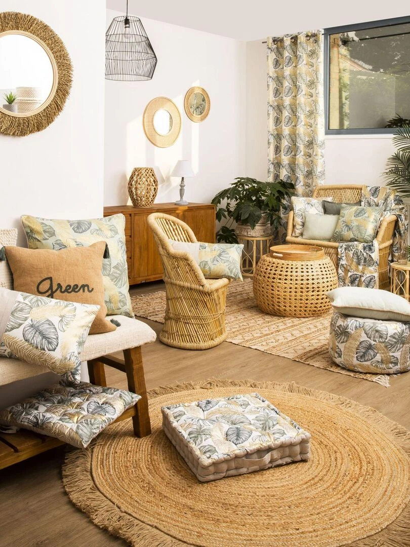 Pouf en coton JUMANJI dessus chambray 'Deko&co'   Blanc Vert